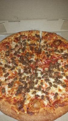 Small, sausage and cheese pizza.