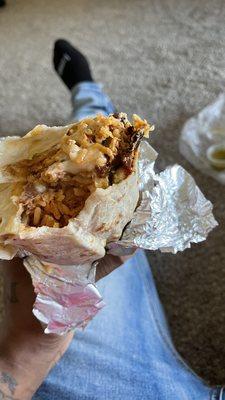 The chicken was burned throughout the entire burrito