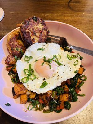 Sweet Potato hash, salmon patties, and fried egg.