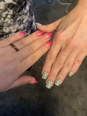 Our nails, mine color changing pink and my mom's grey with white polka dots!