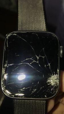 Before repair: Broken glass on Apple Watch