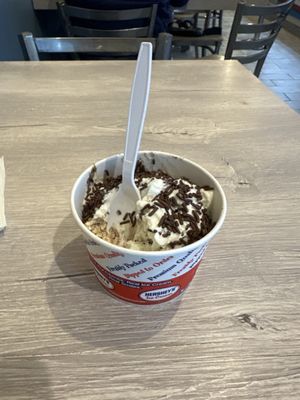 Caramel and Moosetracks Scoops, Whipped Cream, Chocolate Sprinkles