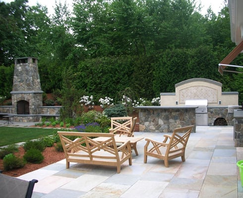 Fieldstone grill, islands, fireplace; gobi quartzite patio