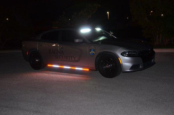 Our patrol car with takedown (steady burn white) for better visibility while checking property.