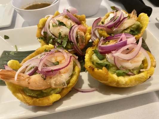 Tostones with guacamole and shrimp