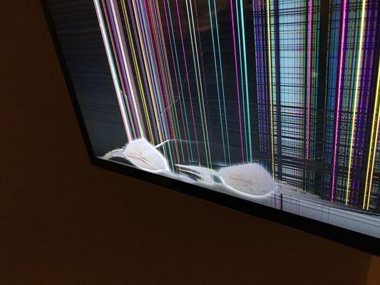 This is what happens to a Liquid Crystal TV when wrapped too tight and picked up wrong!