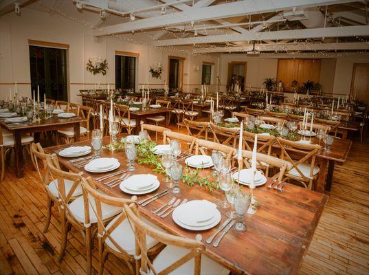 farmhouse tables with cross-back chairs