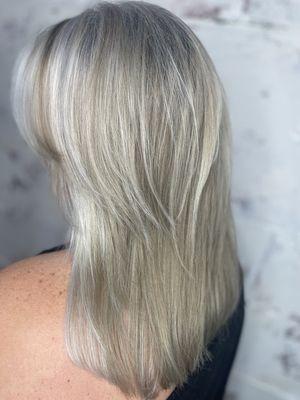 Soft low maintenance color to blend in natural gray hair.