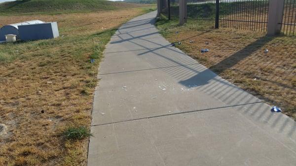 Broken glass and beer cans next too the pool