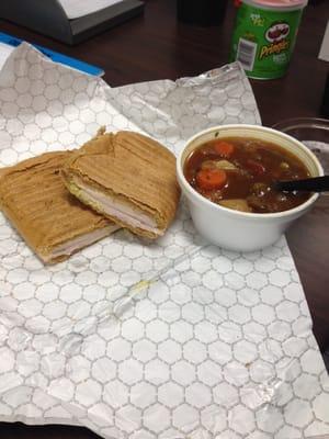 Turkey panini and veg soup. They're paninis come with veggies.I just prefer mine with turkey, pepper jack, Dijon and mayo