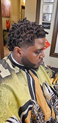 Double strand twist.with taper and razor edge up/ faded Beard with razor edge.