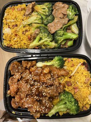 Beef with broccoli and sesame chicken