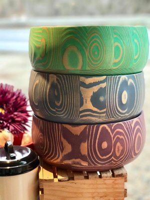 Brightly colored Tamarack bowls. New!