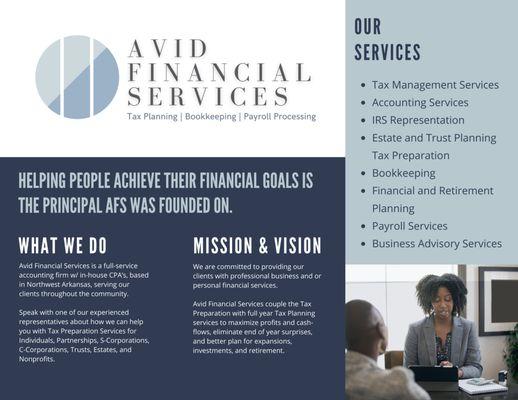 Avid Financial Services is a full-service accounting firm w/ in-house CPA's, based in Northwest Arkansas, serving our clients throughout the