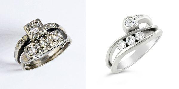 Before & After photo of a wedding ring set. Redesigned to be more contemporary.