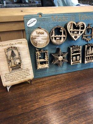 Local artist made laser cut wooden ornaments