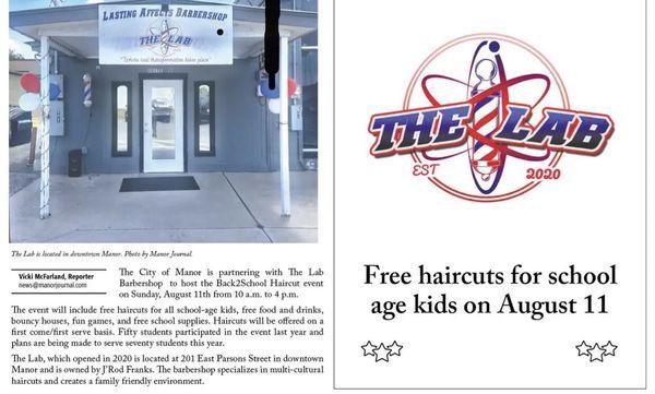 Advertisement for The Lab for free haircuts for school age kids August 11!