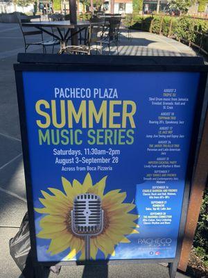 August and September 2024 - live music on Saturdays from 11:30 am - 2 pm.