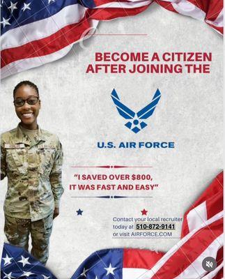 The USAF offers a faster and easier way to obtain US Citizenship. All we require is a valid Permanent Residence Card AKA Greencard