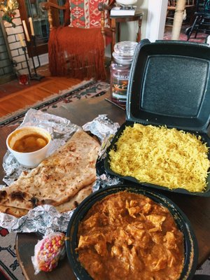 Chicken curry with rice and potato soup, and a side of garlic naan, SO tasty!! And candy coated fennel seeds