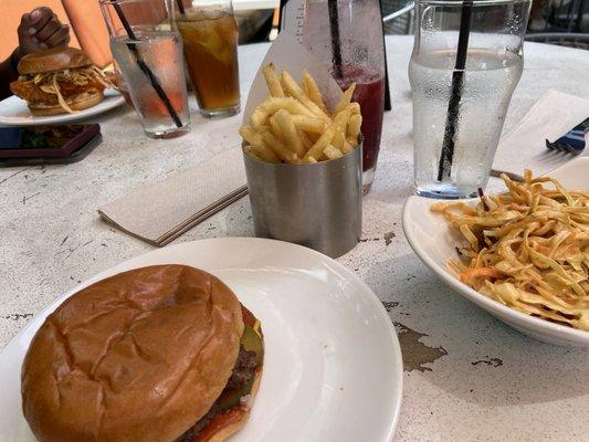 Deluxe cheeseburger, truffle fries and coleslaw