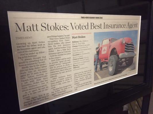 Voted Best Insurance Agency... my team makes me look good!  (Times News article)