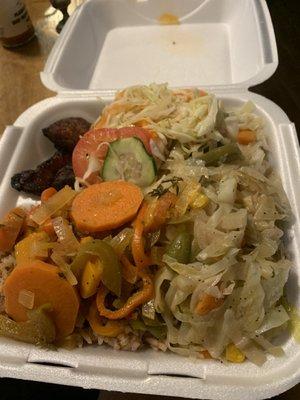 Dinner veggie plate. Cabbage, rice & peas, plantains.