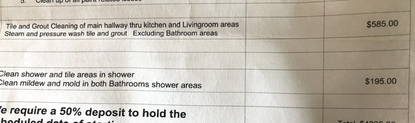 Total charges for work not done. He had NO equipment besides a toothbrush.  Thievery.  Warning