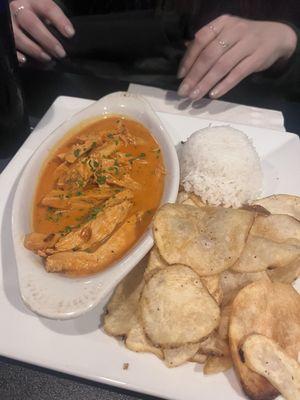 Chicken Mozambique with their homemade house chips and a side of rice