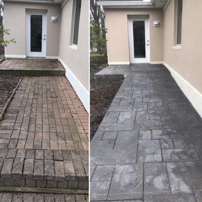 Before and after of a colored and stamped concrete walkway.