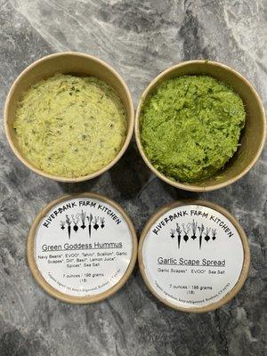 Green goddess hummus and garlic scape spread from Riverbank Farm