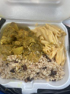 Curry Chicken, Mac and Cheese, Rice and Peas