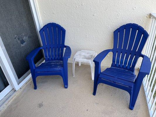 The furniture on the balcony. Also notice the torn screen