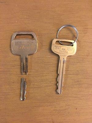 The key on the left is damaged and broke off where the laser cuts were made from Orchard Supply and the one on the right is the new key!