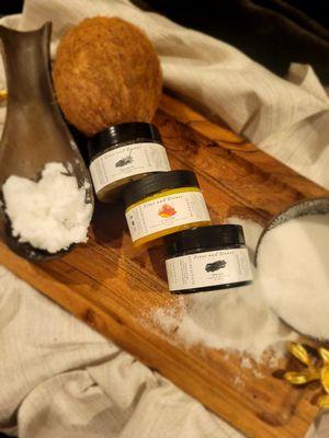 All natural face scrub trilogy: green tea/honey, turmeric/ginger, and charcoal