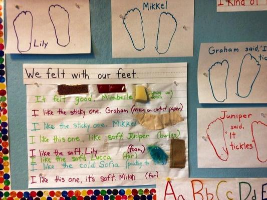 In our classroom we felt with our feet, discovering textures and using / learning new words to describe them.