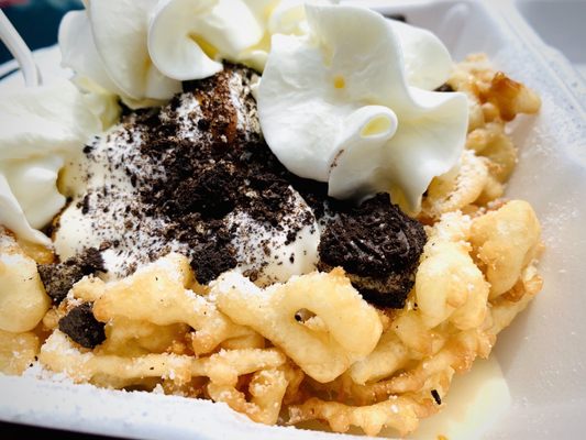 Funnel Cake sundae w/ caramel sauce and Oreos