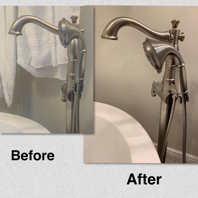 Leaking faucet before and after repair.