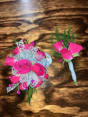 Wrist corsage with matching boutonniere