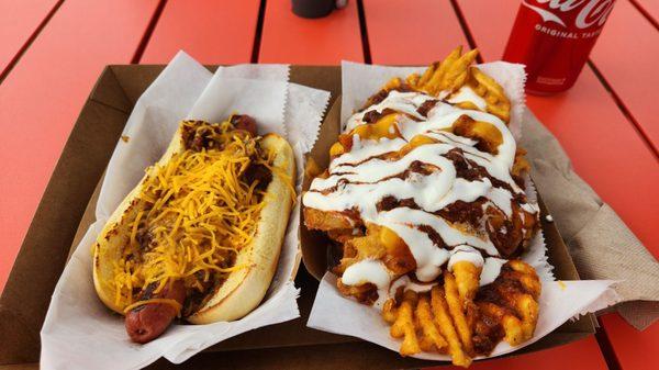 Coney island dog with loaded fries