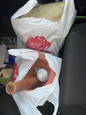 Pestle and mortar for papaya and steamer and basket for sticky rice