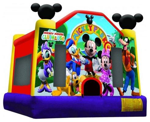 Mickey bounce house with basketball hoop inside