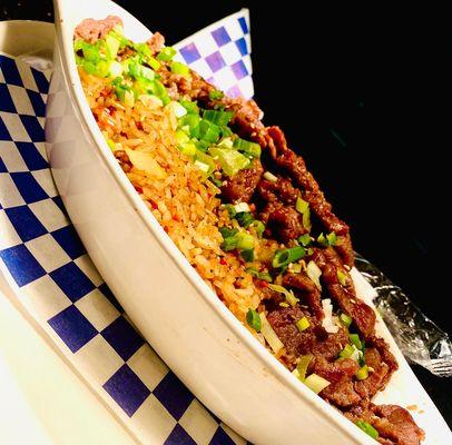 Kyong song bowl with regular fried rice and bulgogi beef