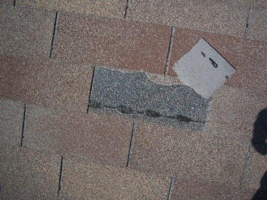 poorly stapled and wind damaged shingle