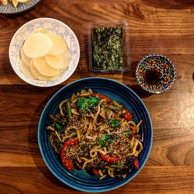 Beef and black bean noodles served banchan style