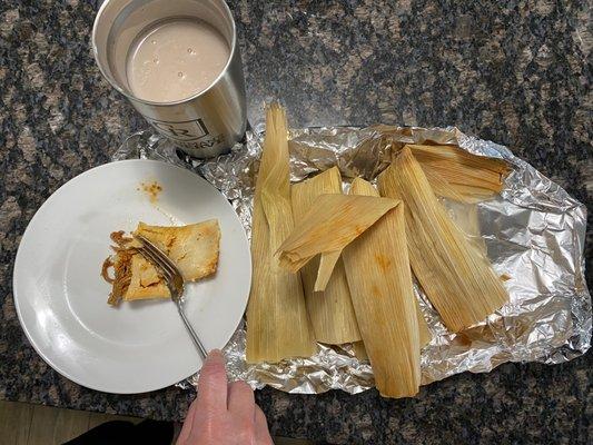 Champurrado, pork and chicken tamales