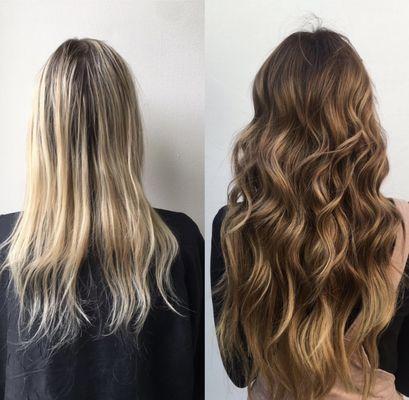 Before and after new hair extensions and color