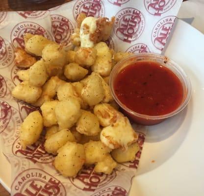 Beer battered cheese curds with red pepper jalapeño jam