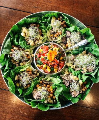 Vegan butter lettuce tacos with chipotle lime chickpeas, tamari mushrooms and sprouts