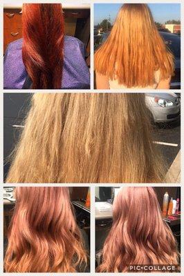 Hair done by Kelly a master color specialist. From bright red to rose gold